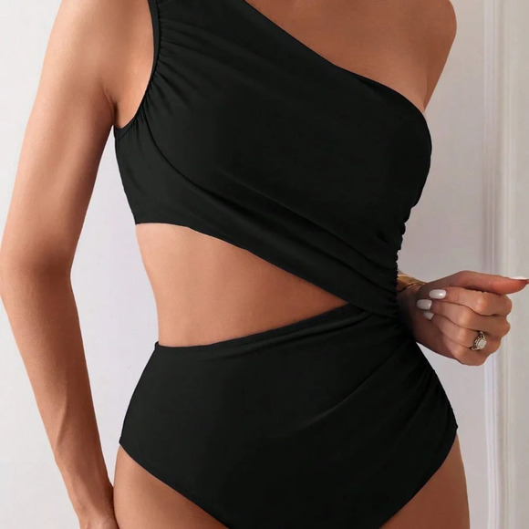 Black Women's Cut Out One Shoulder One Piece Swimsuit - Picture 4 of 6